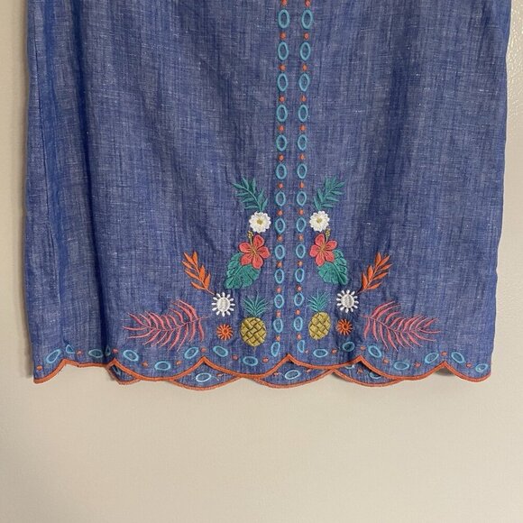 Talbots Women 6 Blue Linen Cotton Preppy Scalloped Hem Embroidered A-Line Skirt - Picture 3 of 10